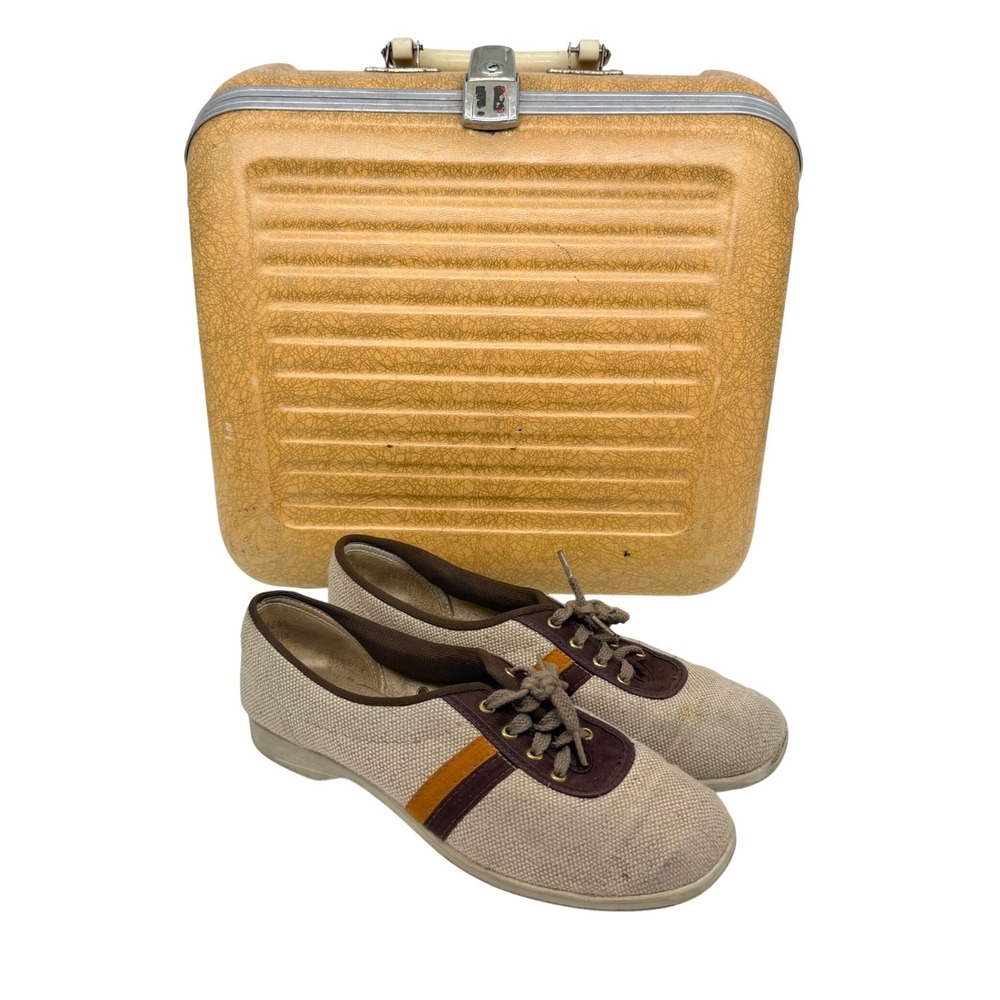 Vintage Brunswick Bowling Shoes Canvas Beige Brown Stripe with Hard Shell Case